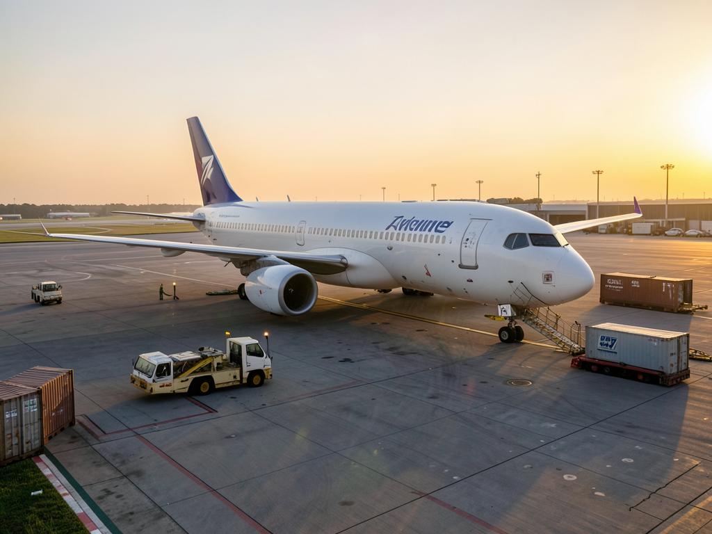 Cargo containers loaded near a commercial aircraft at an airport apron
