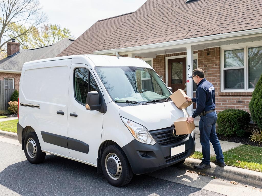 Courier carrying parcels from a delivery van to a home