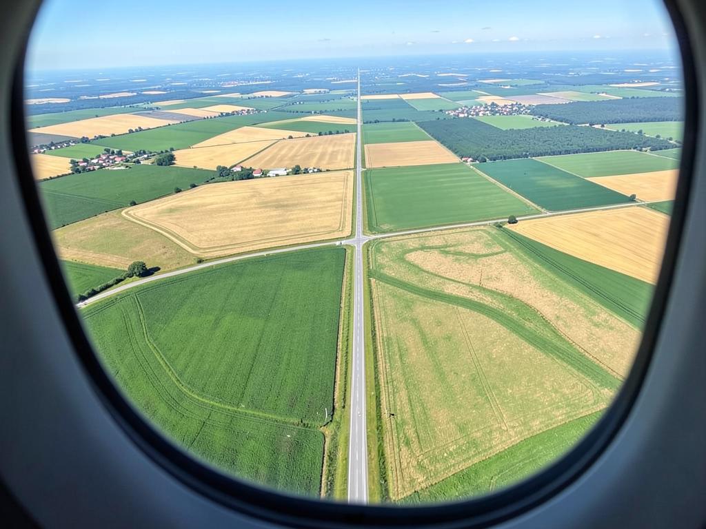 Aerial view of farmland from a passenger aircraft window